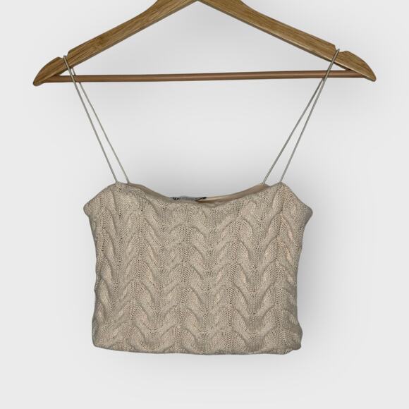 Zara Small Cream Cable Knit Cami Top Square Neck Lined Western Festival Vibes - Picture 1 of 6